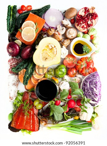 Assortment of Various Healthy Foods. Vegetables, Meats, Fruit, Oil, Nuts, Berries and Fish