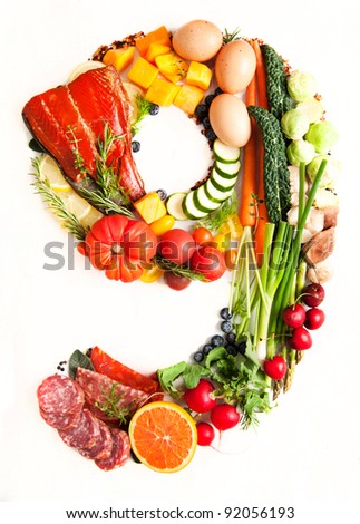 Healthy Vegetables, Meats, Fruit and Fish Shaped in Number Nine 9