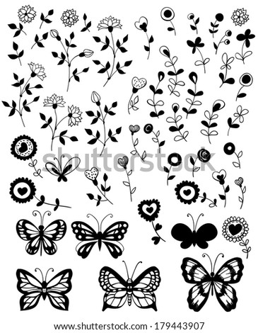 Flowers and butterflies, decorative stylized flowers and beautiful hand - drawn butterflies for design on white background