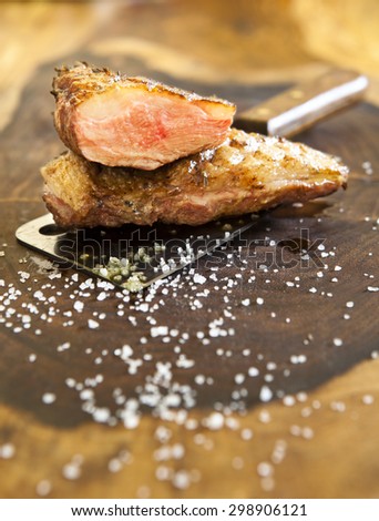 Fried duck breast with coarse salt on a cutting board
