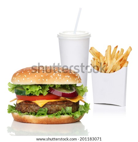 Hamburger with french fries and a cola drink isolated on white Hamburger with french fries and a cola drink isolated on white