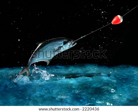 Catching a big fish with a fishing pole at night