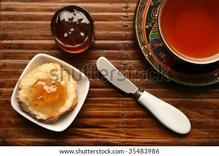 Tea breakfast over bamboo background