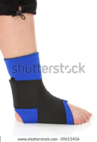 Foot with an ankle brace, over white