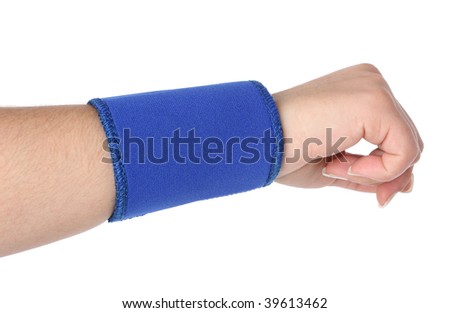 Human hand with a wrist brace, orthopedic equipment over white