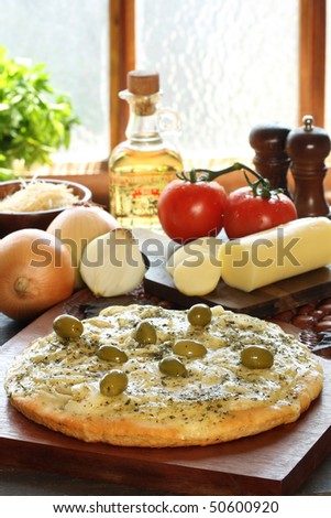 Onions pizza with olives and ingredients