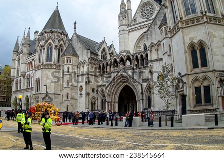 LONDON - NOV 14 : the royal court of justice pictured during the Mayor Parade on November 14th, 2014, in London. Also called the Law Courts, it was built in 1870 and opened by Queen Victoria in 1882.