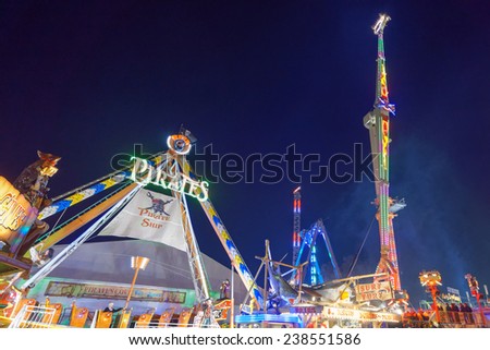 LONDON - DEC 14: Night scene of Hyde Park\'s winter WonderLand park pictured at night on December 14th, 2014 in London, UK. It is one of the touristic highlight of the winter season in London.