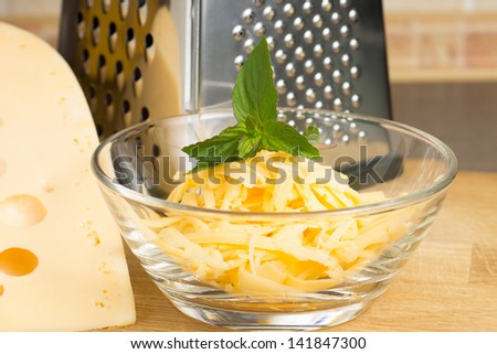 Close up of Grated cheese in Glass bowl
