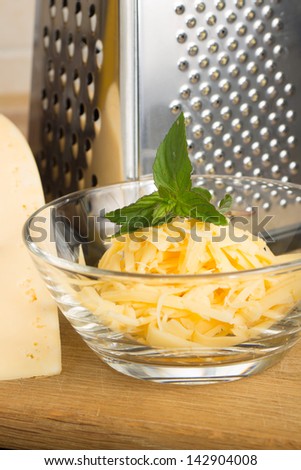 Close up of Grated cheese in Glass bowl
