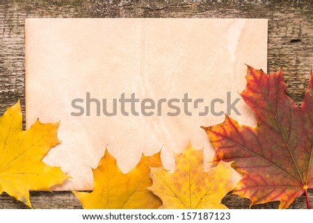 Old paper sheet with fallen leaves on wood background