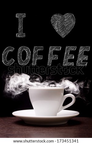 Cup of Coffee with Steam and pencil drawn text. I love Coffee