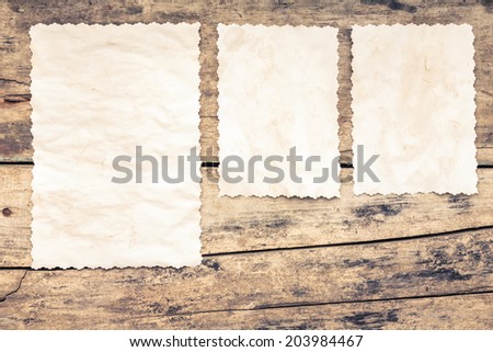 Recipe background. Blank paper sheet on wooden table. Vintage empty card.
