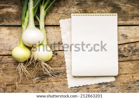 Menu background. Vegetables on table with cook book. Cooking with recipe book. Onion.