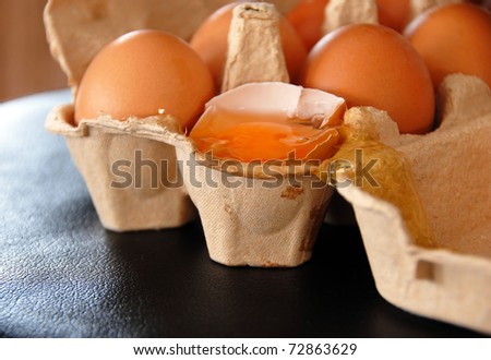 brown eggs in cardboard box, one broken egg closeup