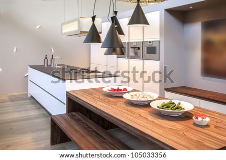 interior of kitchen with modern lamps