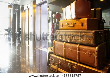 travel bags and cases in hall of hotel