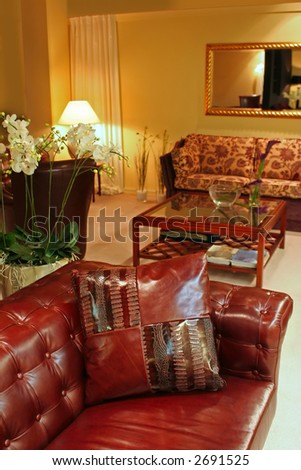 interior with leather pillow on leather sofa