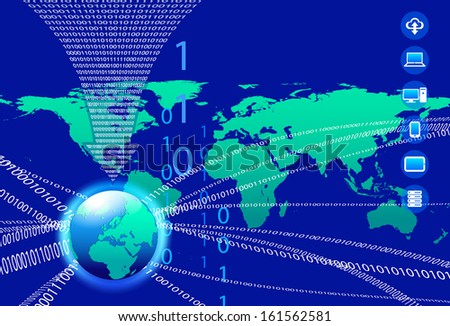 Data Global Communication Concept - Technology stream and globe with data arrow  - Raster Version