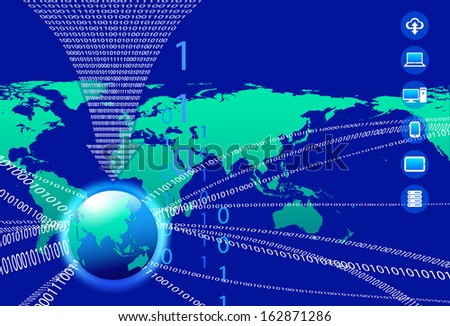 Global Communication Concept - Technology stream and globe with data arrow - Raster Version