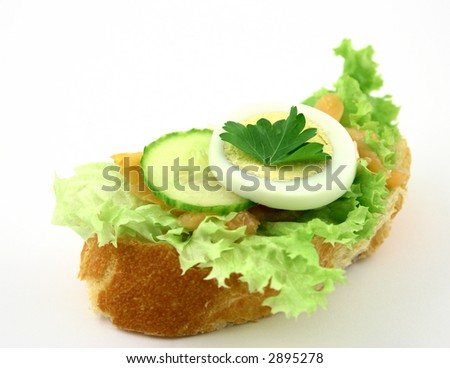 Fresh sandwich with salmon, iceberg lettuce, cucumber, piece of parsley witout any sauce