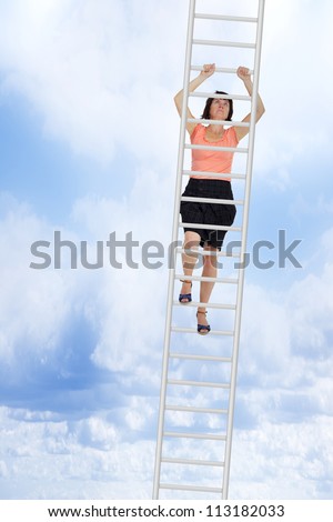 Woman climbs up the ladder