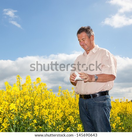 Man with hay fever on blooming rapeseed field