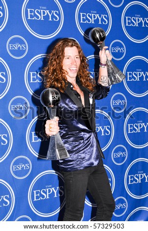 LOS ANGELES, CA - JULY 15: An onlympic gold medalist and snow boarder Shaun White, in the media room of the 2010 ESPY Awards at the Nokia Theater at LA Live, on July 15, 2010 in Los Angeles, CA