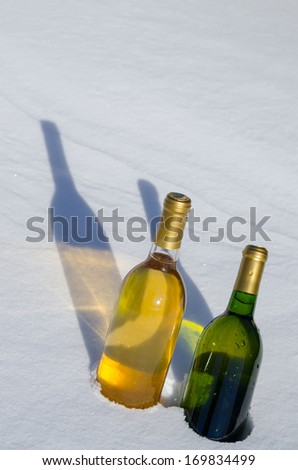 Two colorful bottles of wine chilling in the snow with long shadows