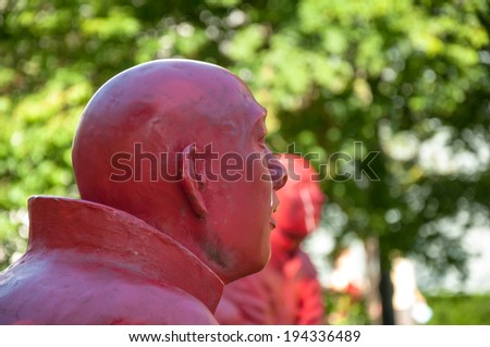 VANCOUVER, BC, CANADA - AUG 15, 2010 - Close up of Chinese sculptor Wang Shugang's bright red art piece 