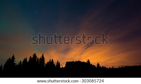 Beautiful colors of the Northern Lights (Aurora Borealis) with City lights on clouds over silhouette of a forest
