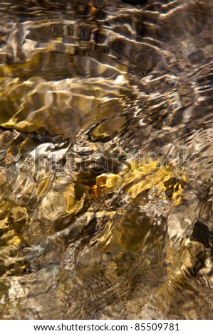 Close up of clean and clear water from a stream with ripples and sun reflections