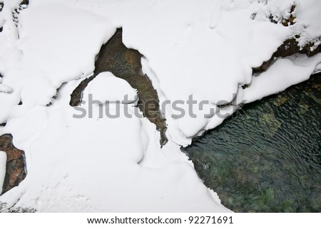 looking straight down at a partially frozen river with clean, clear slow moving water creation a wintry background