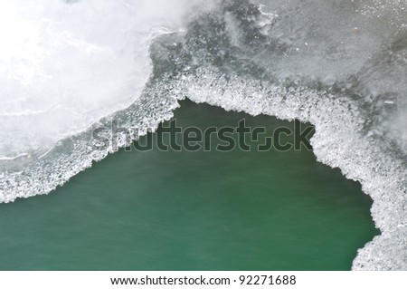 close up of the bottom of a waterfall showing movement of the water around the edge of ice through long exposure blurring creating a wintry background