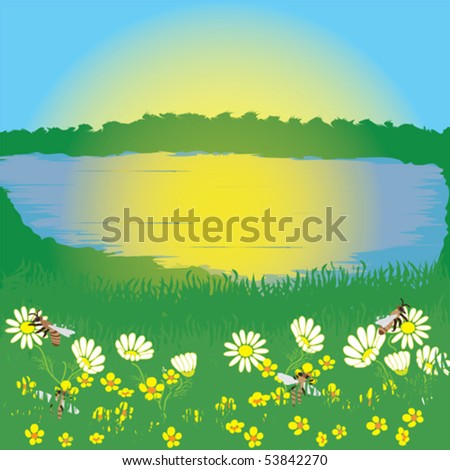 Summer landscape with sunrise, lake and meadow