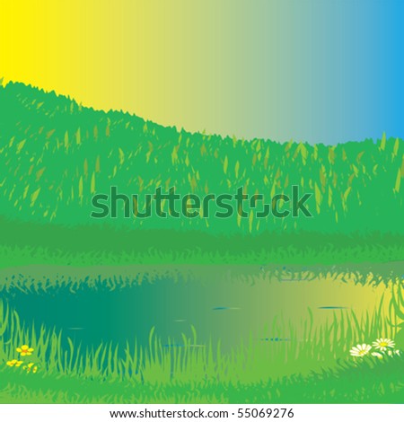 Summer landscape with forest, lake,grass and sunrise