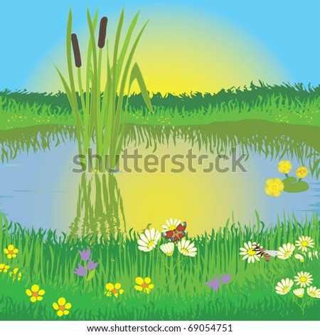 Landscape with sunrise,  lake, meadow, flowers, bee, butterfly and bulrush