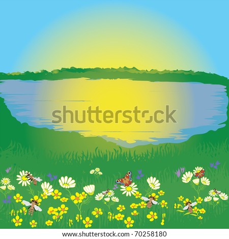 Landscape with lake, meadow, sunrise, flowers, butterfly, bees