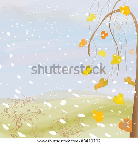 Autumnal landscape with cloudy sky, tree, leafs,snowfall and dry flowers
