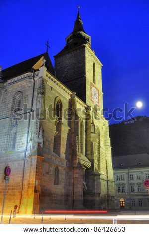 Black church at night, gothic architecture, Brasov,  Romania, Transylvania, full moon
