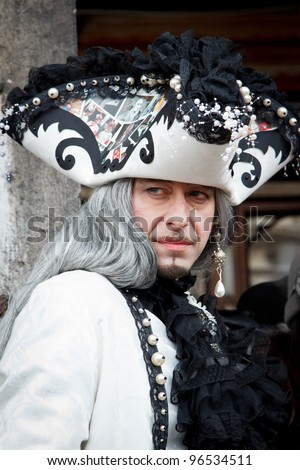 VENICE, ITALY - FEBRUARY 12: Man in costume, mask, during the traditional Venice carnival on february 12, 2012 in Venice,  Italy.