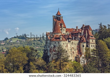 BRAN, ROMANIA - SEPTEMBER 22, 2015: Bran Castle, also known as Dracula Castle. Its fame is created around Bram Stoker\'s character, Count Dracula, often identified as Vlad Tepes (Vlad the Impaler).