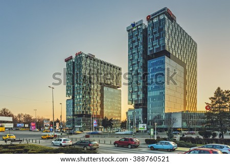 Bucharest, Romania - March 03, 2013: City Gate Twin Towers at sunset, two class A 18 floor office buildings that won a Green Building certificate by Europaproperty SEE Real Estate Awards in 2012.