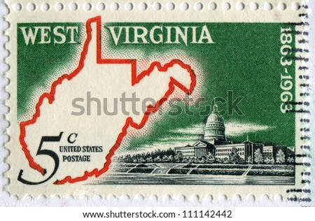 USA - CIRCA 1963: stamp printed in United states, shows Map of West Virginia & State Capitol, Centenary of West Virginia Statehood, designer: Dr. Dwight Mutchler, circa 1963