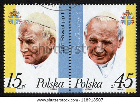 POLAND - CIRCA 1987: Postage stamp printed in Poland shows portrait of Pope John Paul II (State Visit of Pope John Paul II) Scott Catalog 2805, 2806 A886, 15zt, 45zt, circa 1987