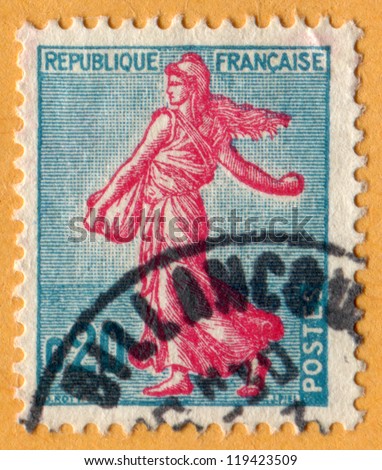 FRANCE- CIRCA 1959: A stamp printed in France (French Republic), shows Sower. Scott catalog 941 A337 20c, circa 1959