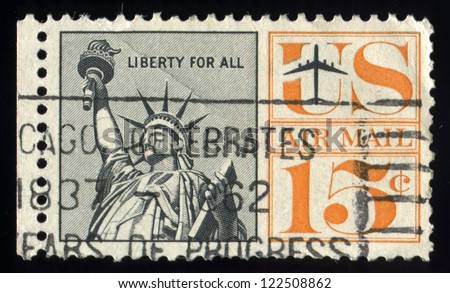 USA- CIRCA 1961: Postage stamp printed in USA shows Statue of Liberty. Liberty for all. Air Mail. Scott Catalog C63 AP41, circa 1961