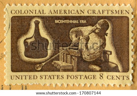 USA- CIRCA 1972: Postage stamp printed in United States of America shows Glassmaker. Colonial American Craftsmen. American Bicentennial. Scott Catalog A870 1456 8c deep brown, circa 1972
