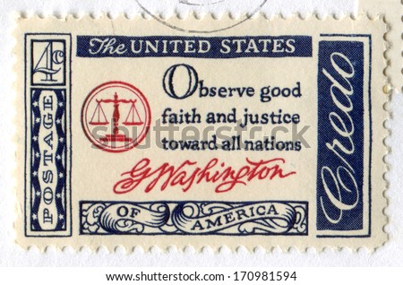 USA- CIRCA 1960: Postage stamp United States of America shows a Quotation from WashingtonÃ¢Â?Â?s Farewell Address. Observe good faith and justice toward all nations. American Credo. Scott A582, circa 1960
