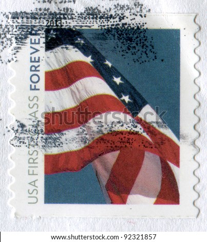 USA- CIRCA 2011: Postage stamp printed in USA shows the image of USA Flag. USA FIRST CLASS FOREVER, circa 2011